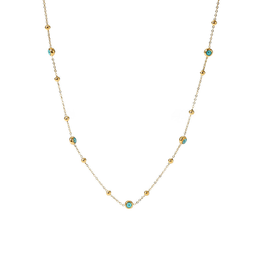 Minimalist Geometric Round Bead Necklace in Stainless Steel with 18K Gold Plating and Turquoise Inlay for Women