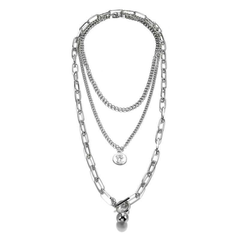 Vintage Geometric Round Alloy Human Head Pendant Multi-layer Snake Chain Necklace for Women