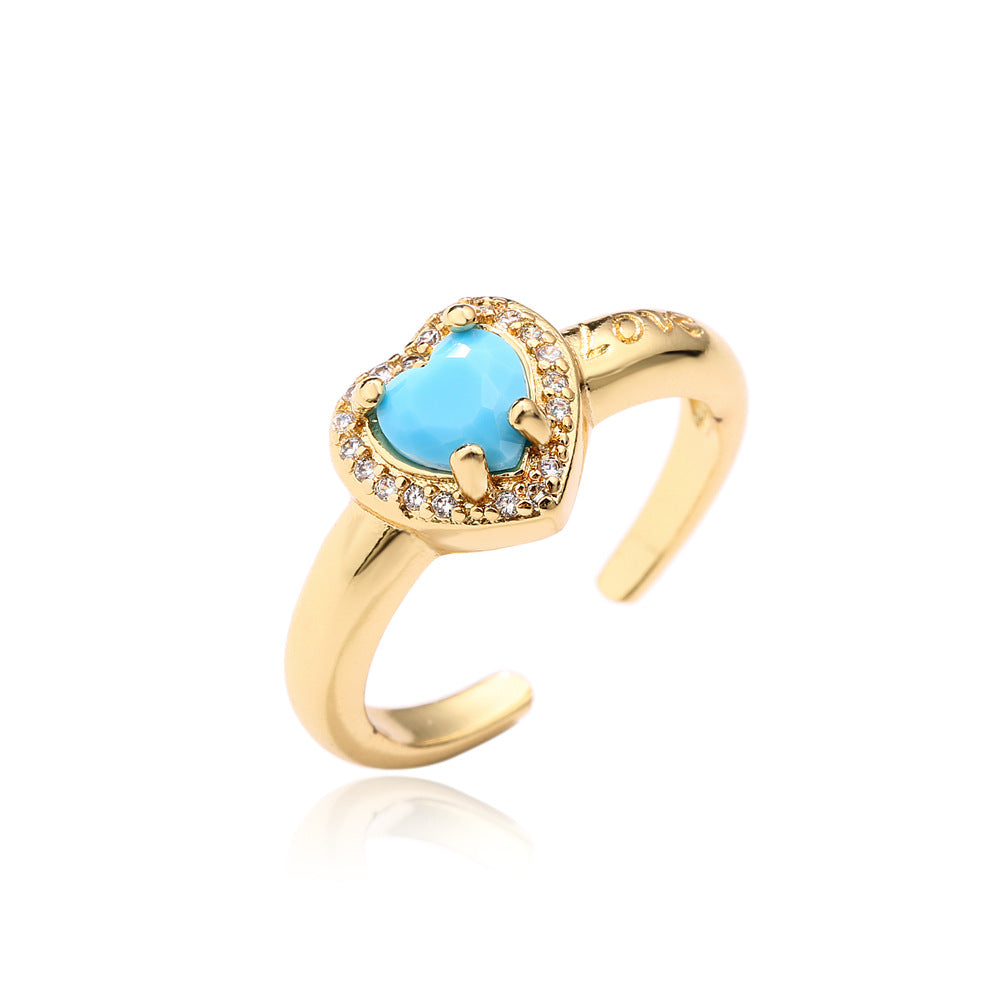 Gold Plated Brass Micro-Inlaid Cubic Zirconia Heart Geometric Ring for Women