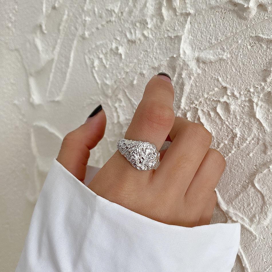 Minimalist Sweet Geometric Irregular Hammered Textured 925 Sterling Silver Ring for Women