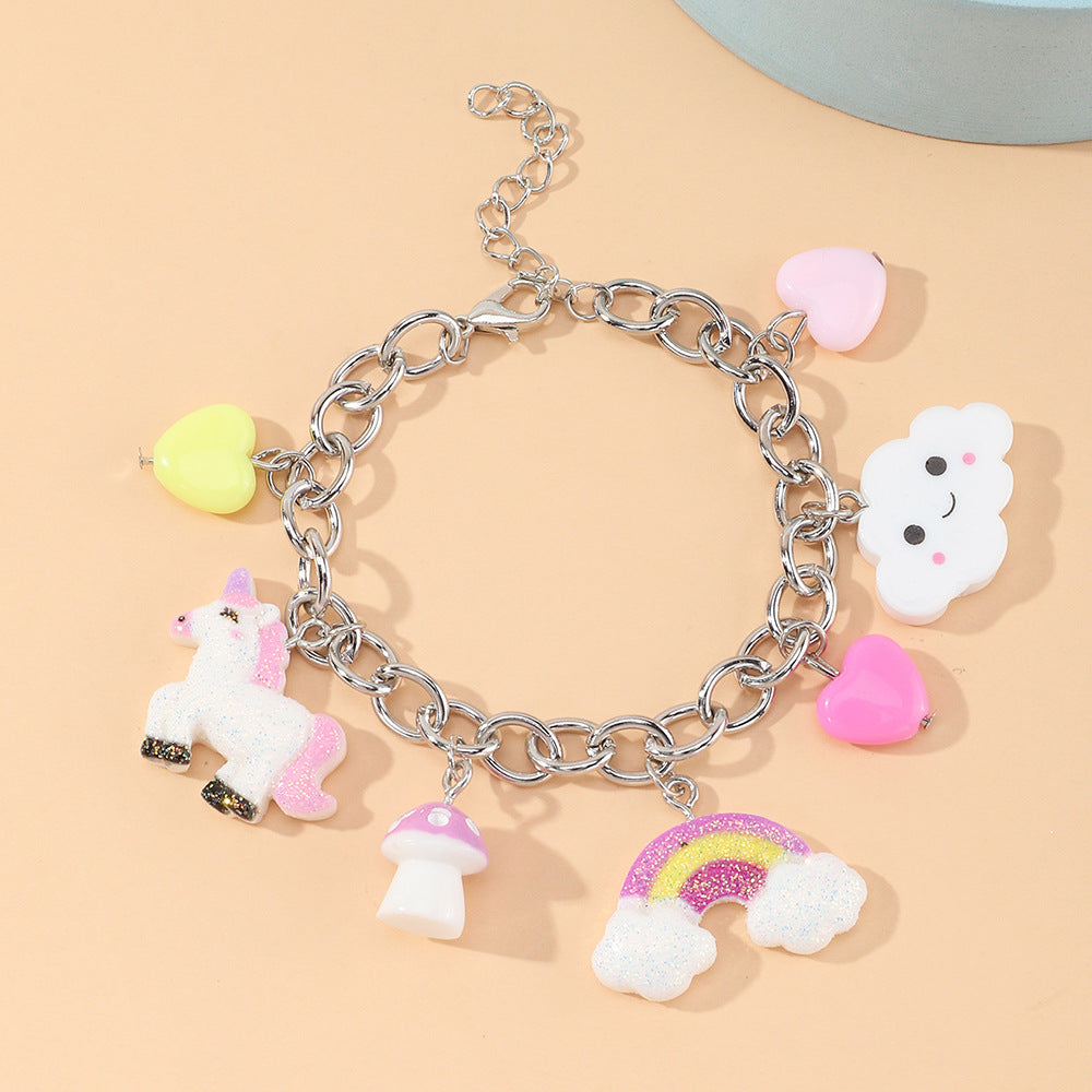 Braccialetto per bambini con unicorno arcobaleno in stile punk e ciondolo in resina di plastica per ragazze dai 3 ai 10+ anni