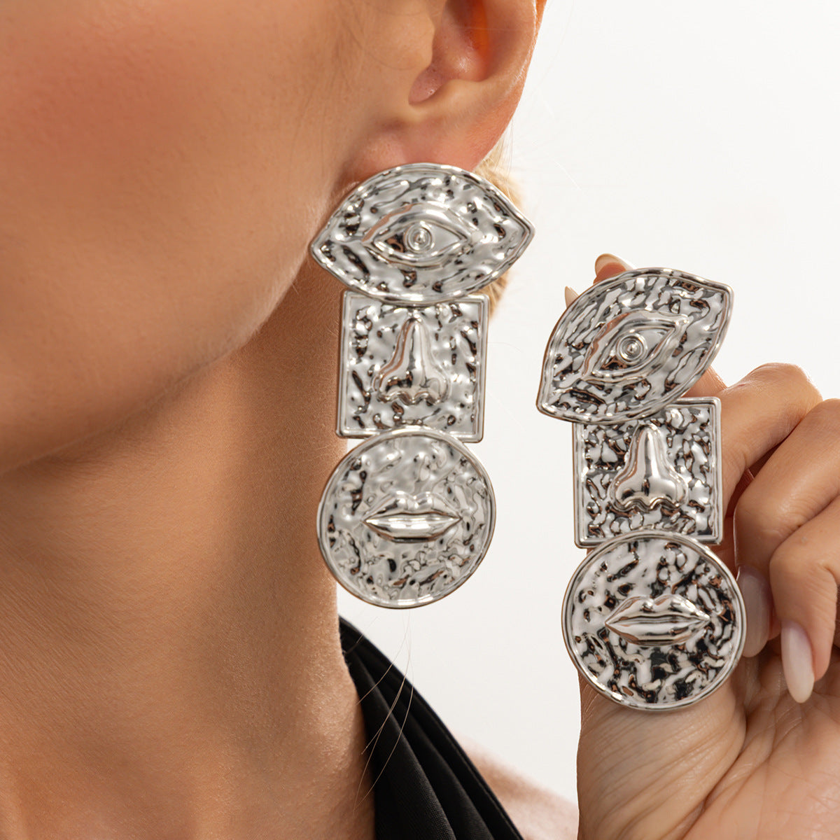 Vintage Geometric Square Oval Hammered Iron Plated Earrings for Women