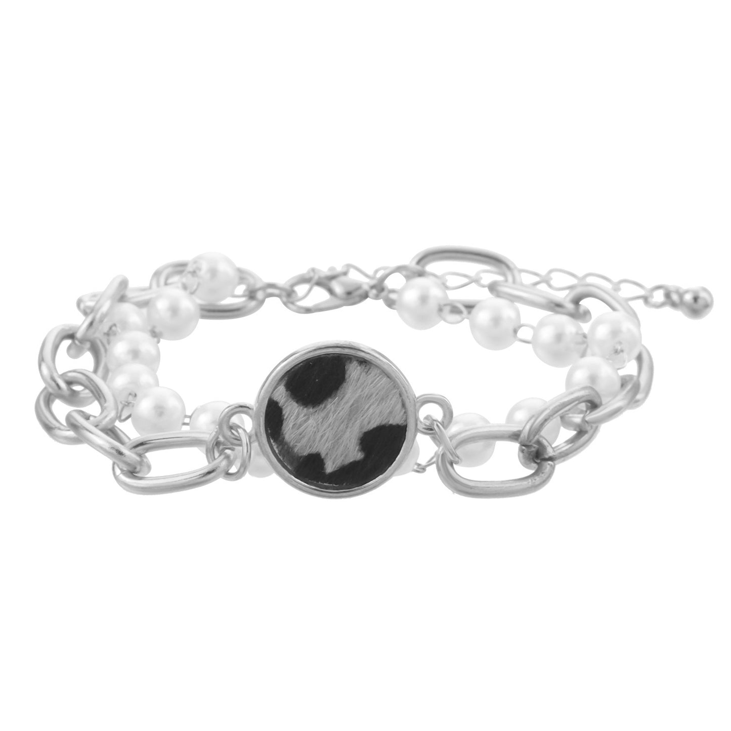 Geometric Leopard Print Round Disc Bracelet for Women with Alloy Base and Electroplated Finish Featuring White Pearl and Bamboo-Joint Chain