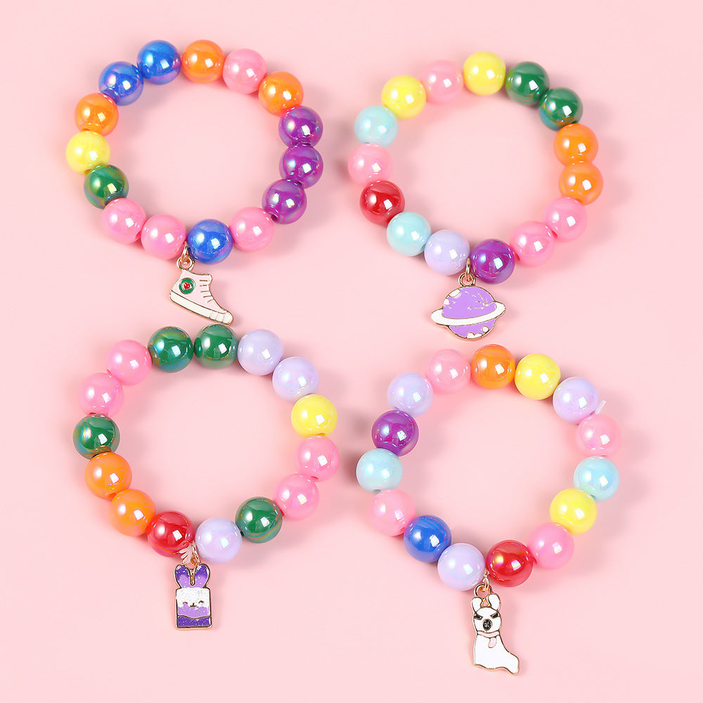 Pulsera de cuentas geométricas estilo dibujo animado para niñas con dije de esmalte en material de aleación para edades de 3 a 10+