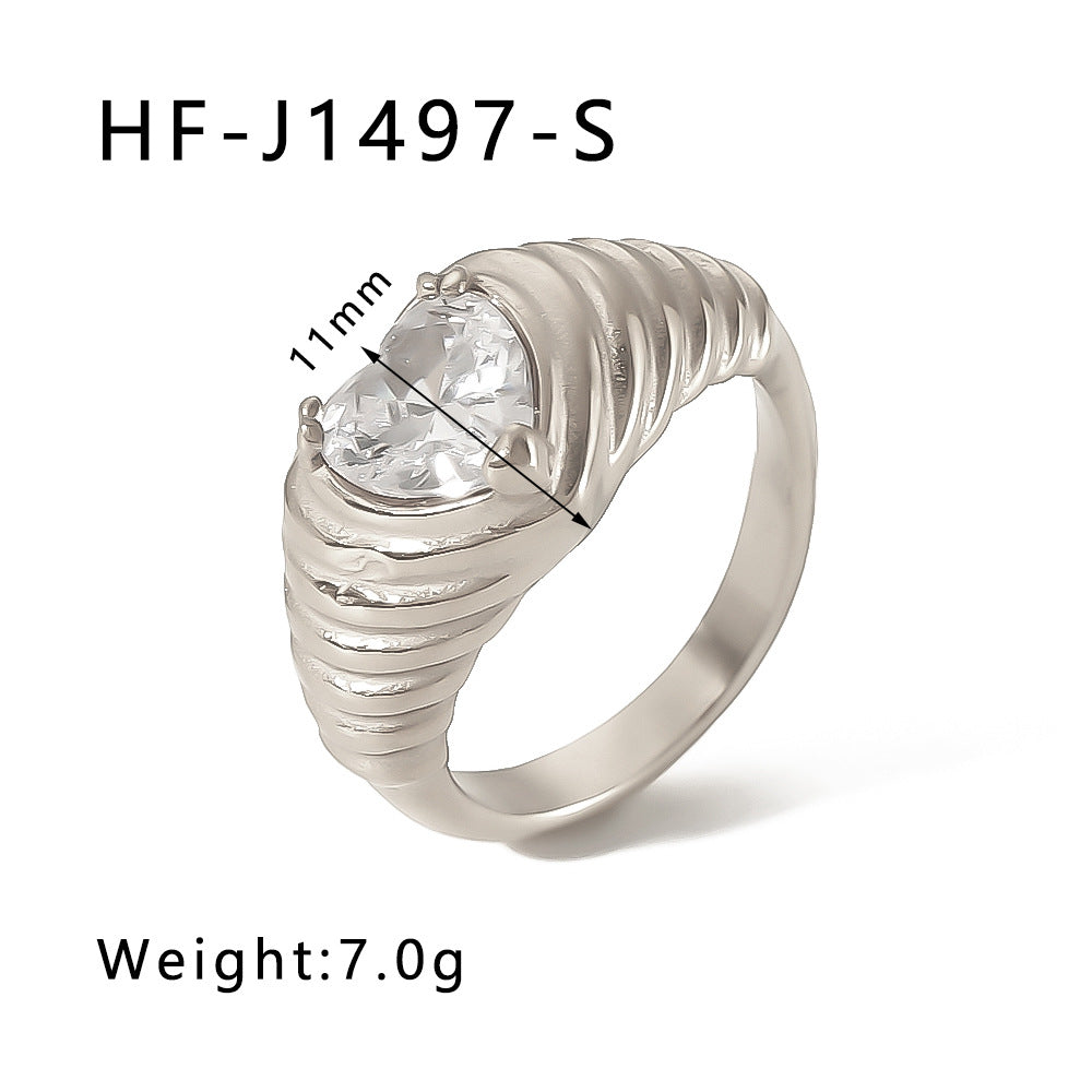 Minimalist Heart-Shaped Stainless Steel Ring with White Zirconia Inlay and 18K Gold Plating for Women