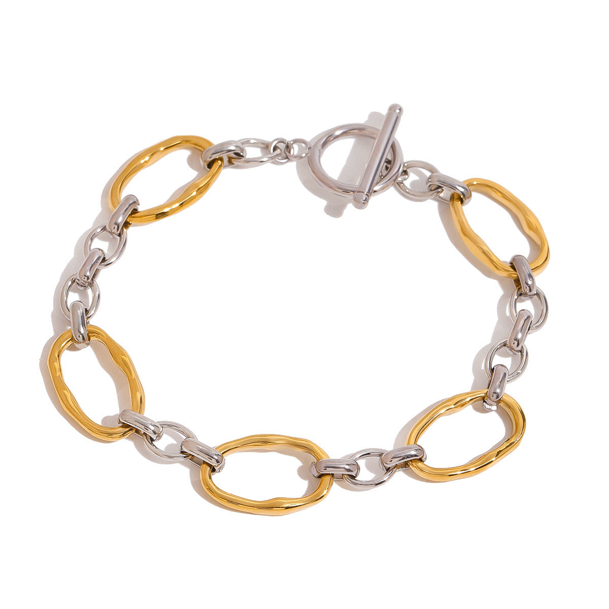 Pulsera chapada en acero inoxidable geométrico para mujer con estilo minimalista moderno y acento de anillo elegante