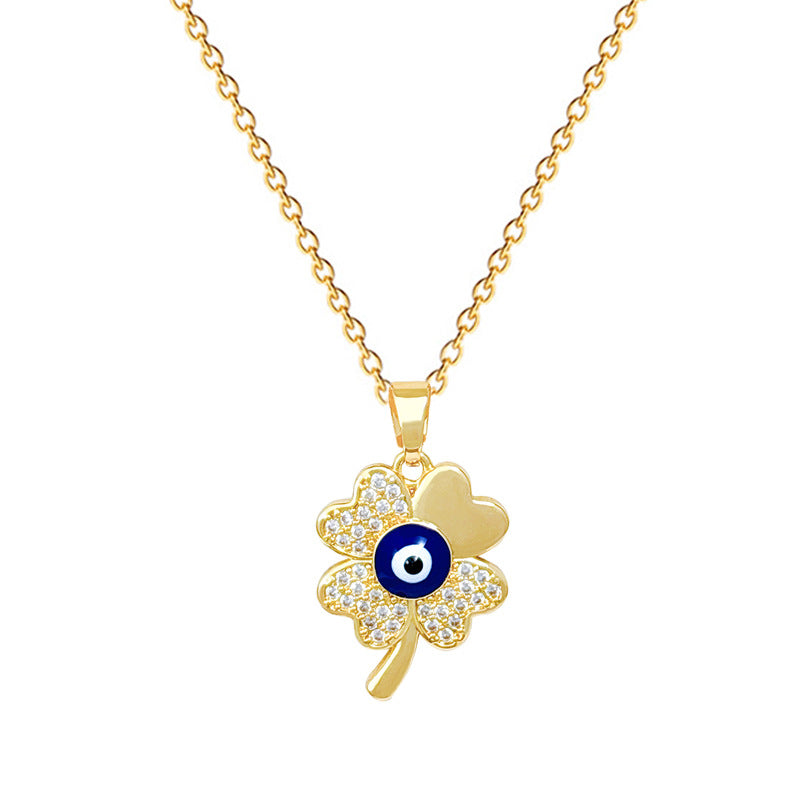 Sweet Minimalist Geometric Rhinestone Clover Eye Necklace Titanium Steel Cable Chain for Unisex