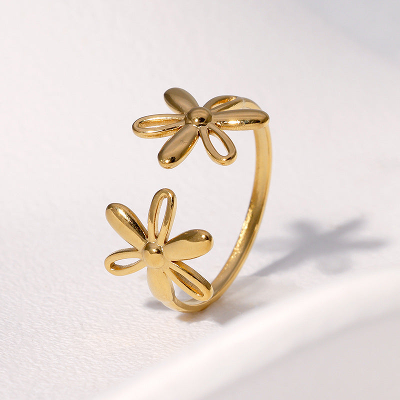 Minimalist Daisy Floral Open Adjustable Ring in Stainless Steel with Plated Finish for Women