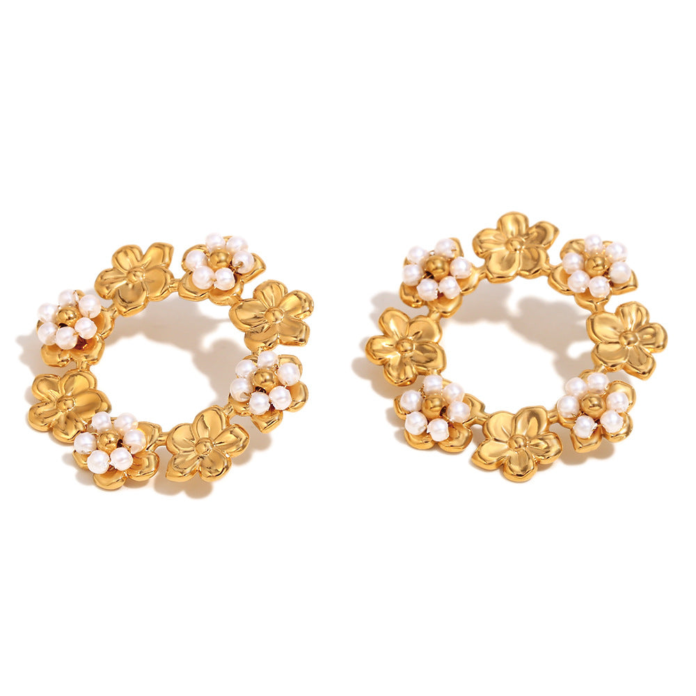 Vintage-Inspired Floral Round Hoop Earrings for Women in Stainless Steel with 18K Gold Plating