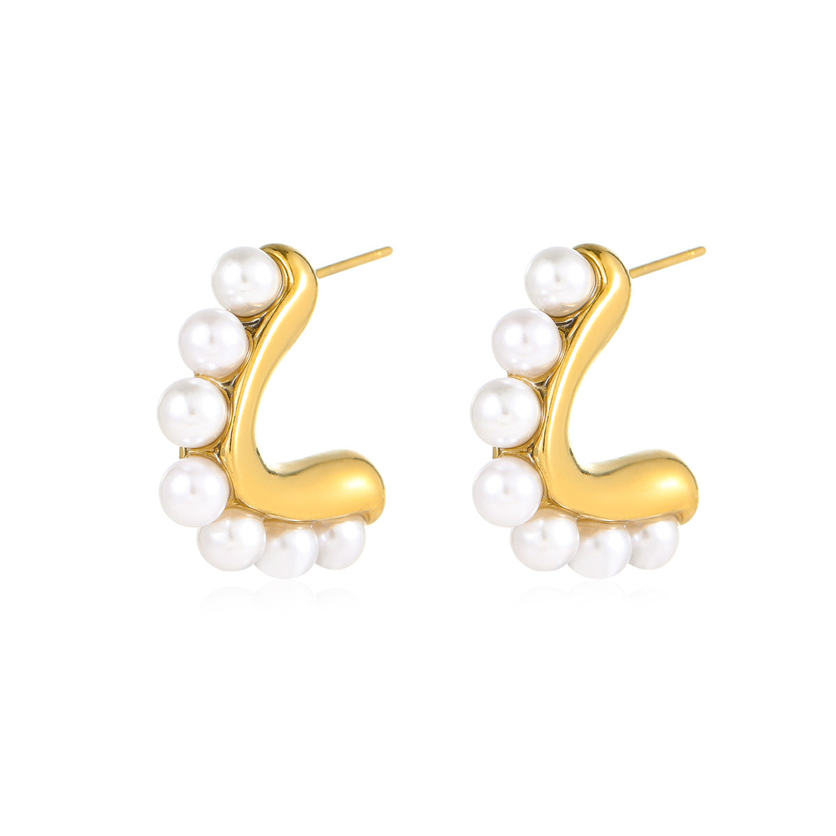 Fashionable Minimalist V-Shaped Stainless Steel Ear Studs with Pearl Inlay for Women