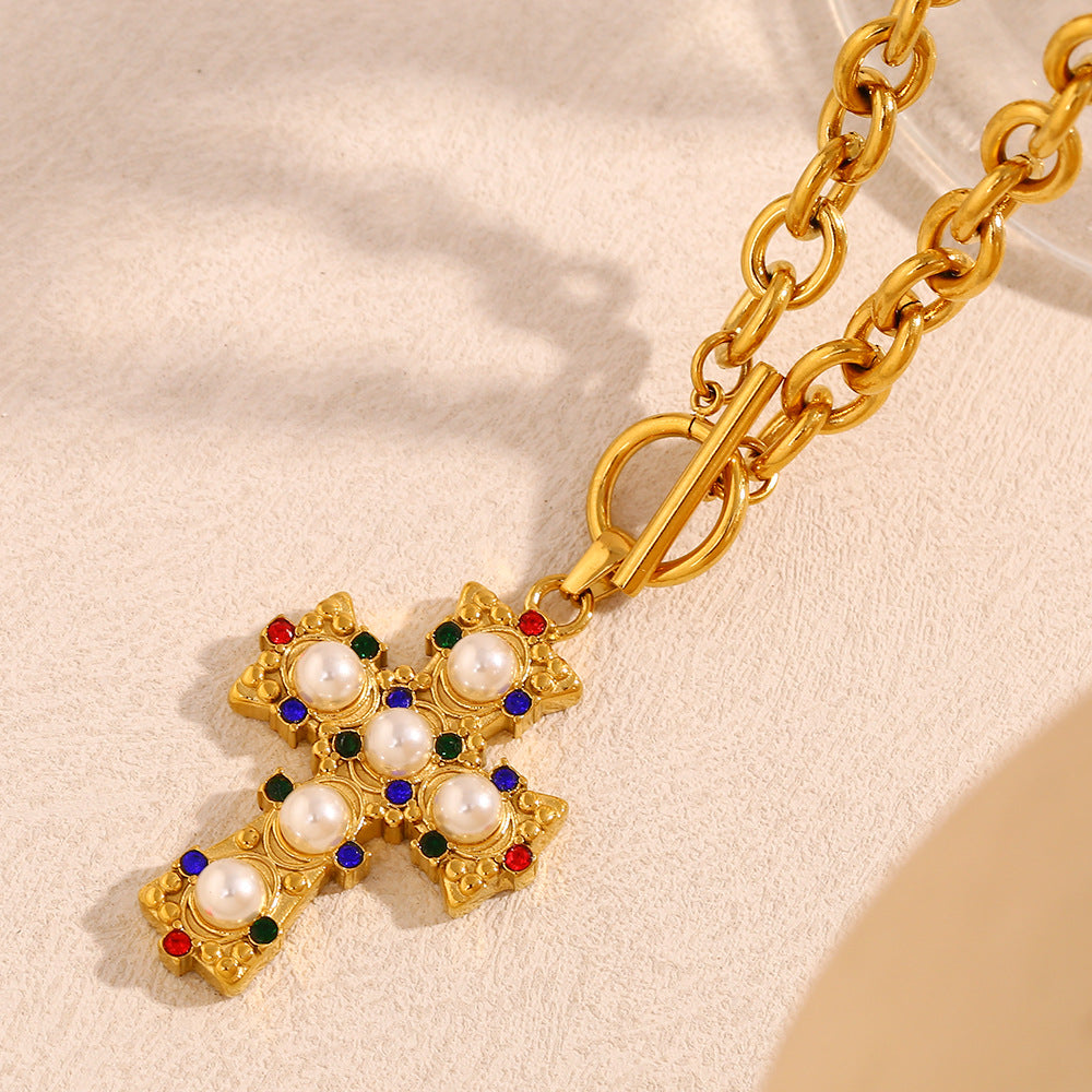 Collana con Pendente a Croce Minimalista Vintage da Donna in Acciaio Inossidabile Placcato Oro 18K