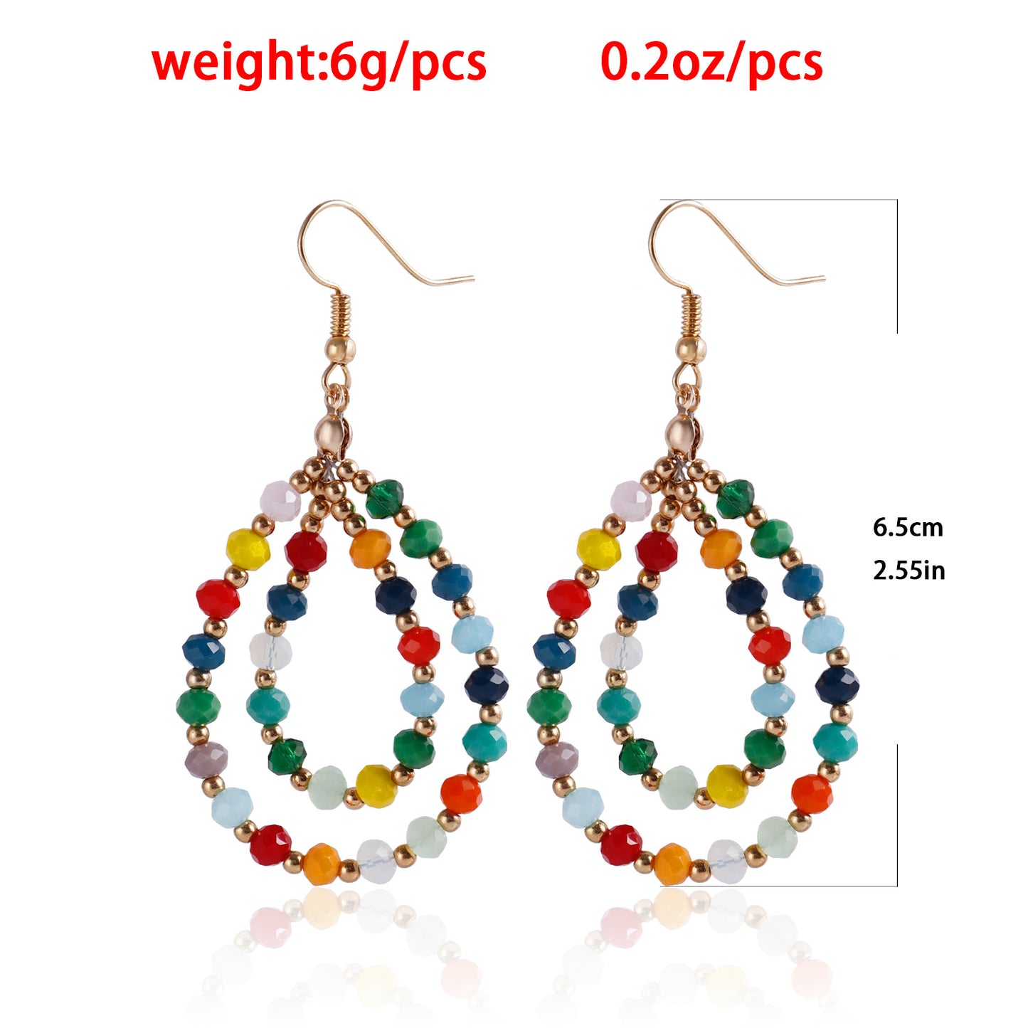 Orecchini a cerchio doppio in cristallo e vetro colorato stile geometrico, fatti a mano con perline, gioielli dolci ed eleganti da donna