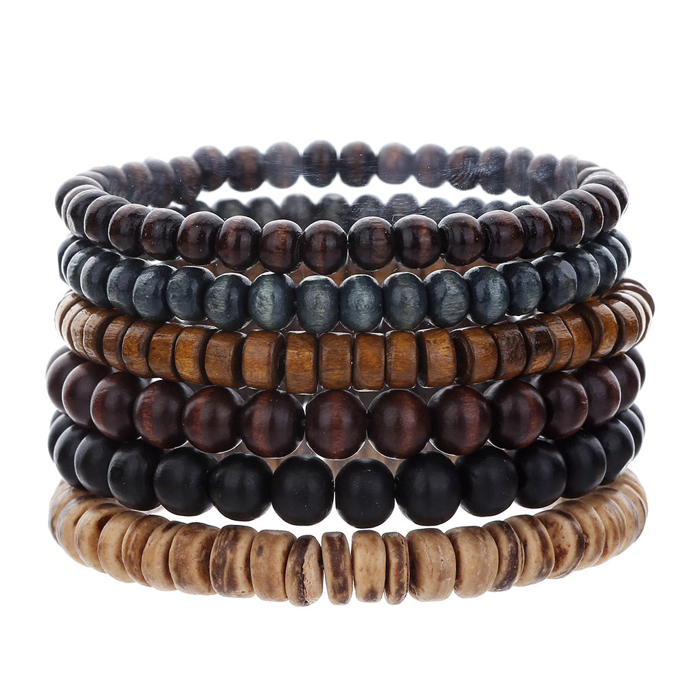 Vintage Geometric Wood and Gemstone Beaded Bracelet Set
