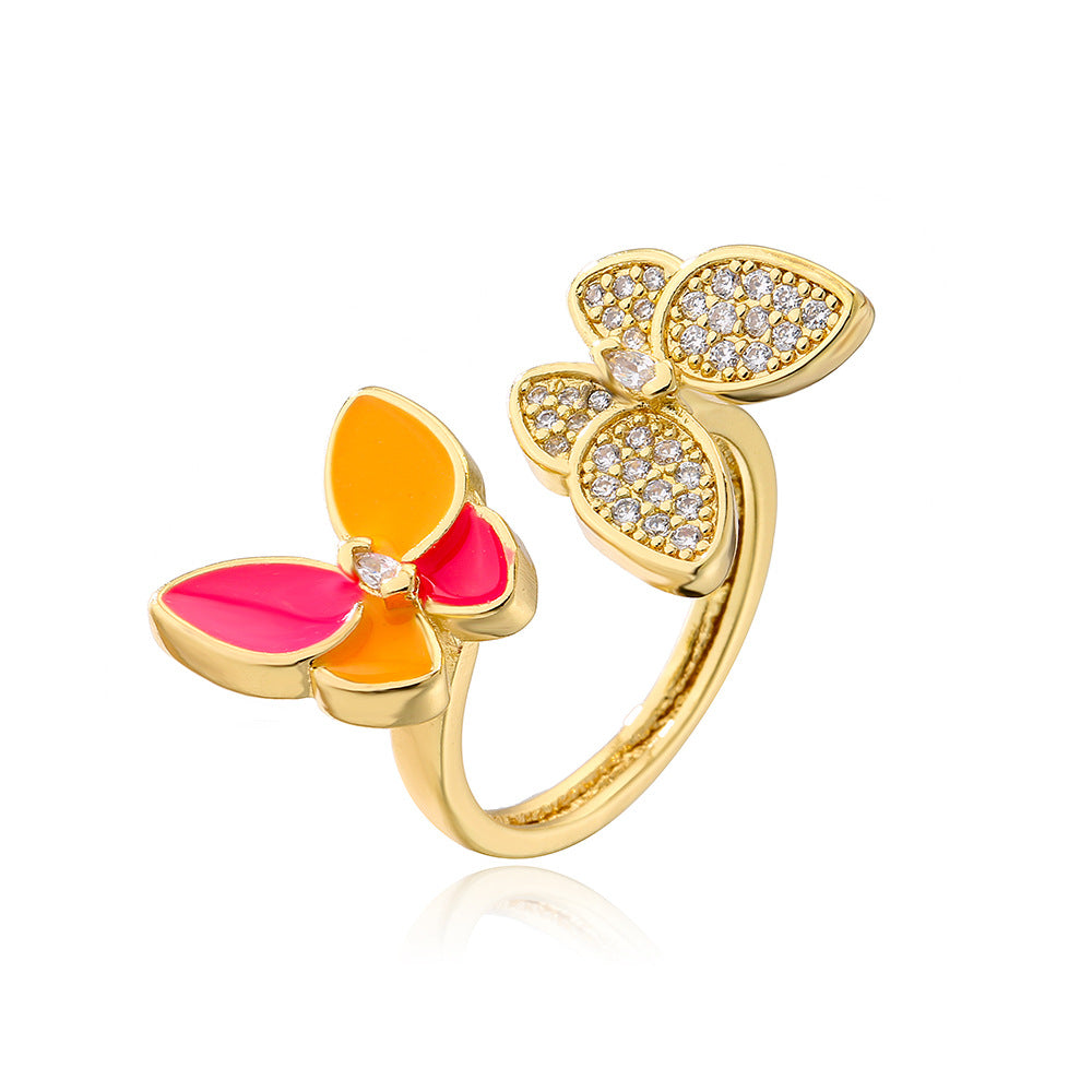 Anello Minimalista a Forma di Farfalla in Rame Placcato Oro 18K con Accenti di Zirconi Micro-Pave per Donna