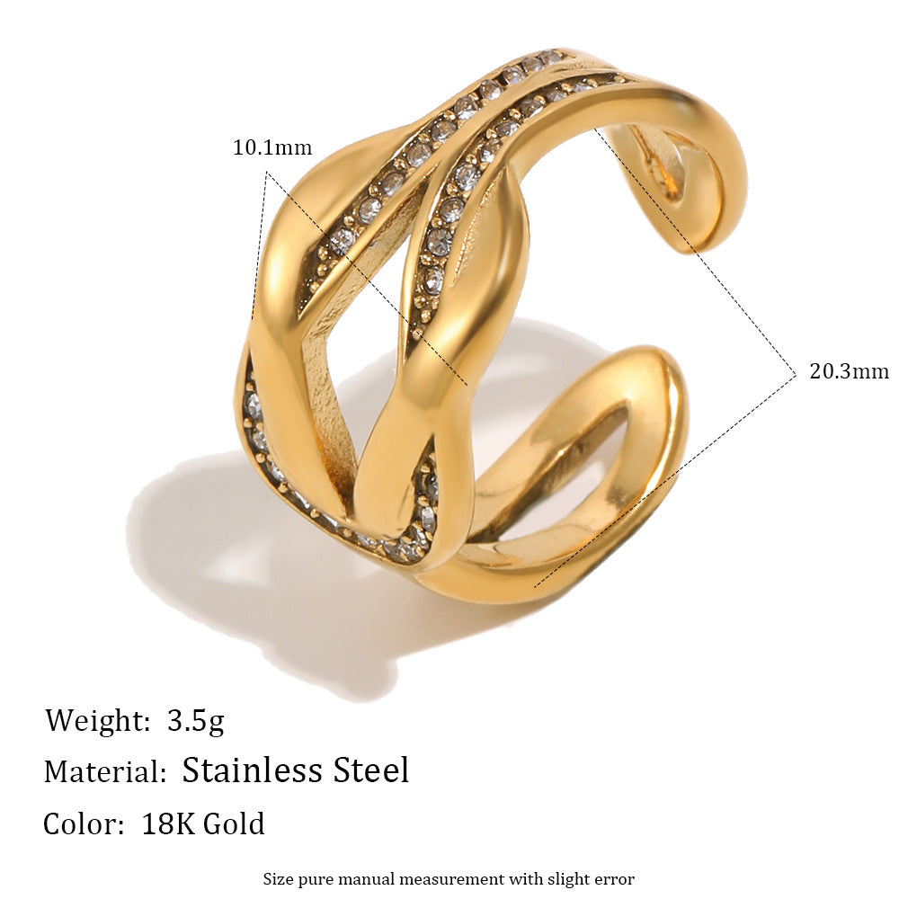 Elegant Minimalist Geometric Rhinestone Knot 18K Gold Plated Stainless Steel Open Ring for Women