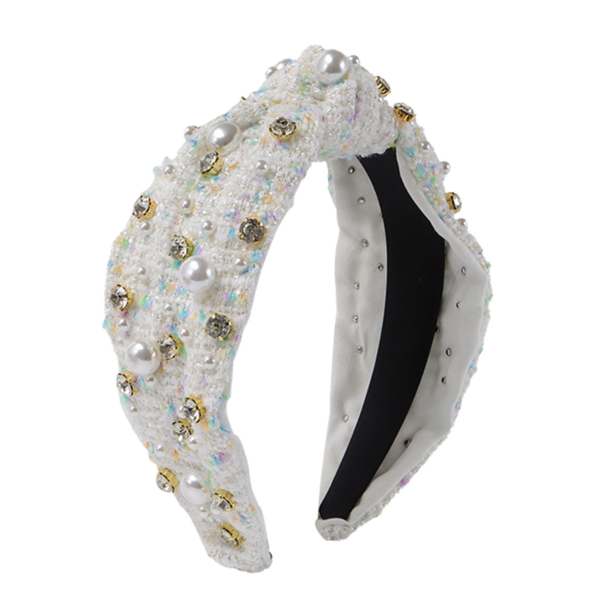 Cerchietto in Tessuto Dolce-Audace con Strass e Impreziosimenti in Perle Sintetiche, Design a Linee Geometriche, Fascia Larga con Nodo, Accessorio per Capelli da Donna