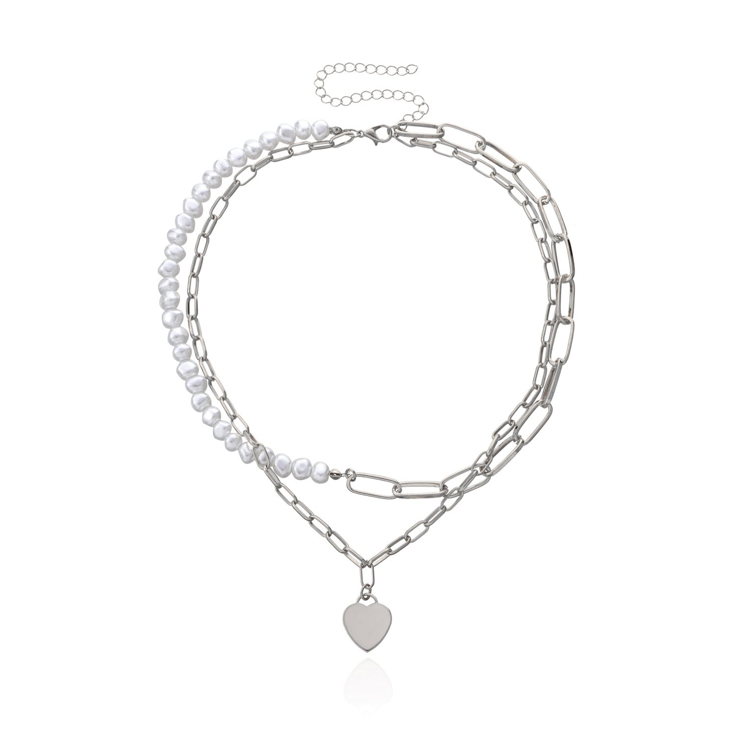 Fashion Polished Heart Pendant Necklace for Women Alloy Double Layer Chunky Chain