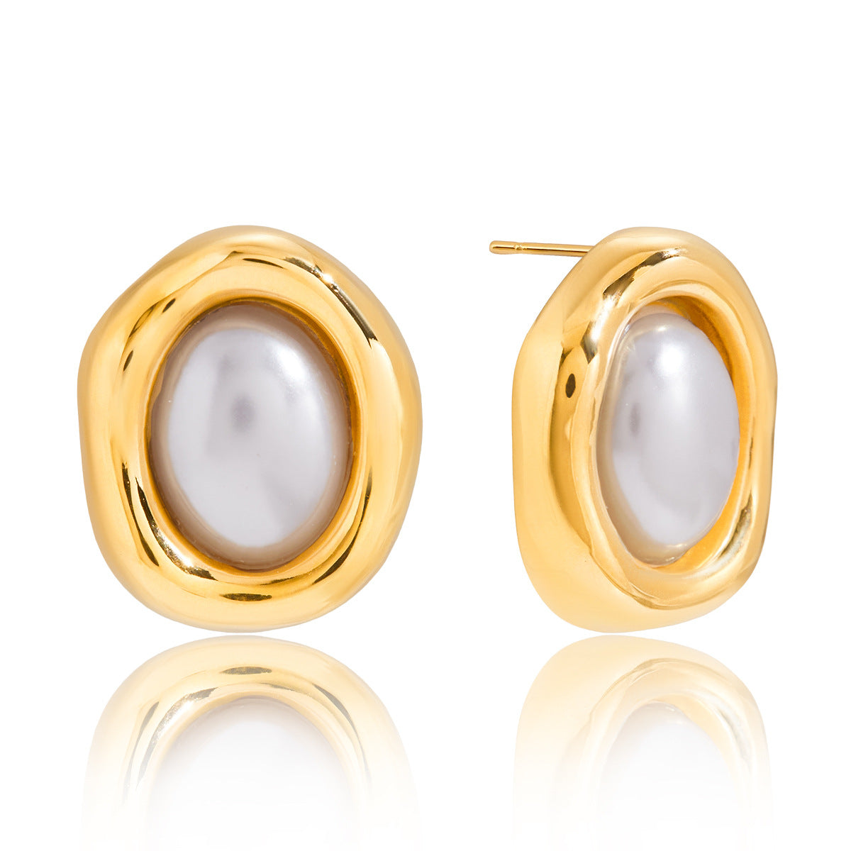 Orecchini a perno geometrici con perle in resina, in acciaio al titanio placcato oro 18 carati da donna — Gioielli di lusso leggeri e alla moda