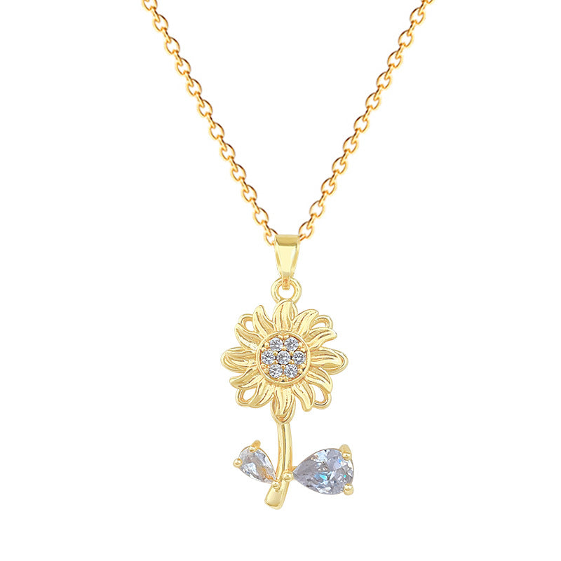 Sweet Minimalist Geometric Floral Rhinestone Plated Titanium Steel Necklace with Brass Pendant for Unisex