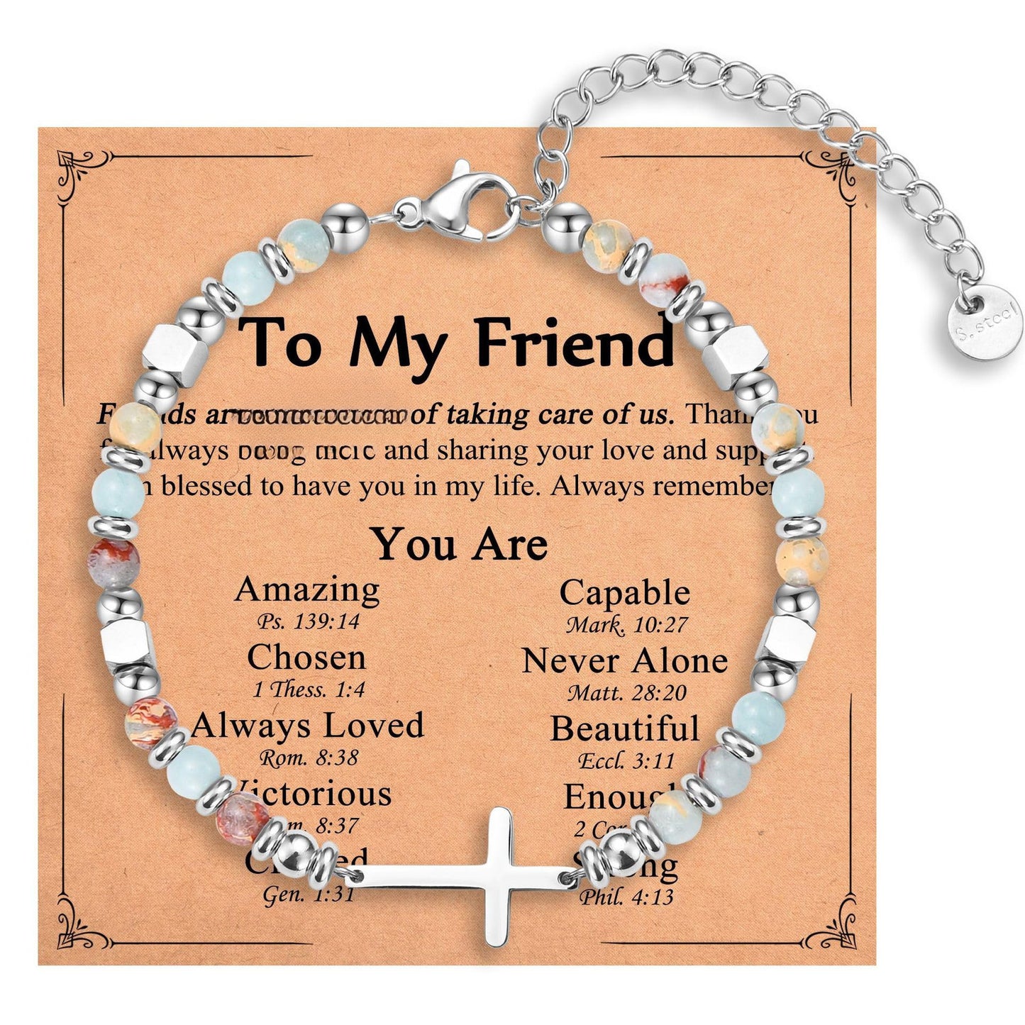 4mm Natural Stone Blue Shoushan Stainless Steel Cross Pendant Adjustable Bracelet