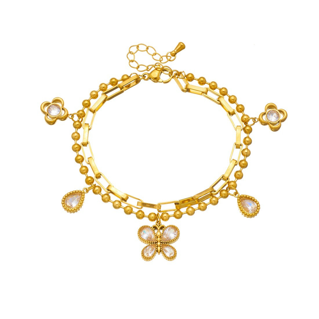 Minimalist Gold Plated Stainless Steel Teardrop Butterfly Rhinestone Pendant Double Layer Chain Bracelet for Women
