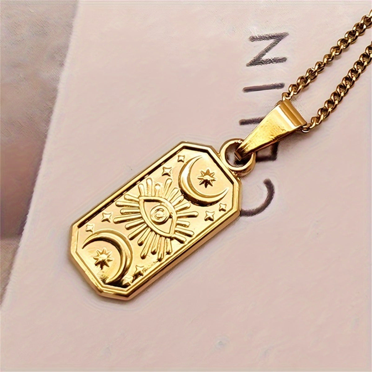 Minimalist Evil Eye Pendant Necklace in Stainless Steel with Vacuum Plating, Geometric Design