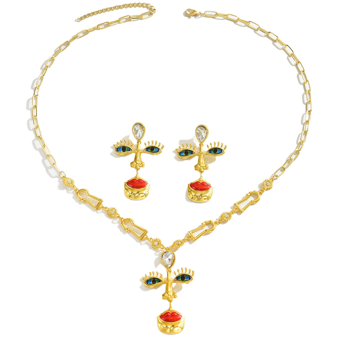 Orecchini e Collana Lunga da Donna con Strass, Design Vintage Geometrico a Croce, Labbra Rosse, Naso e Occhi