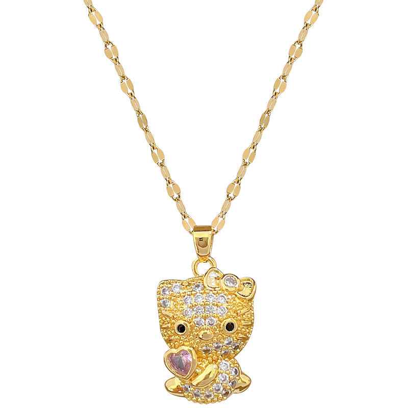 Collar de lujo dulce con colgante geométrico de gato con diamantes de imitación en acero de titanio, unisex