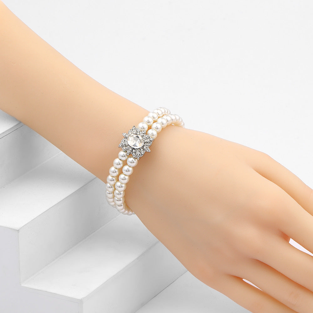 French Vintage Leaf-Shaped Imitation Pearl Necklace Earrings Bracelet Set for Women with Rhinestone Inlay and O-Chain