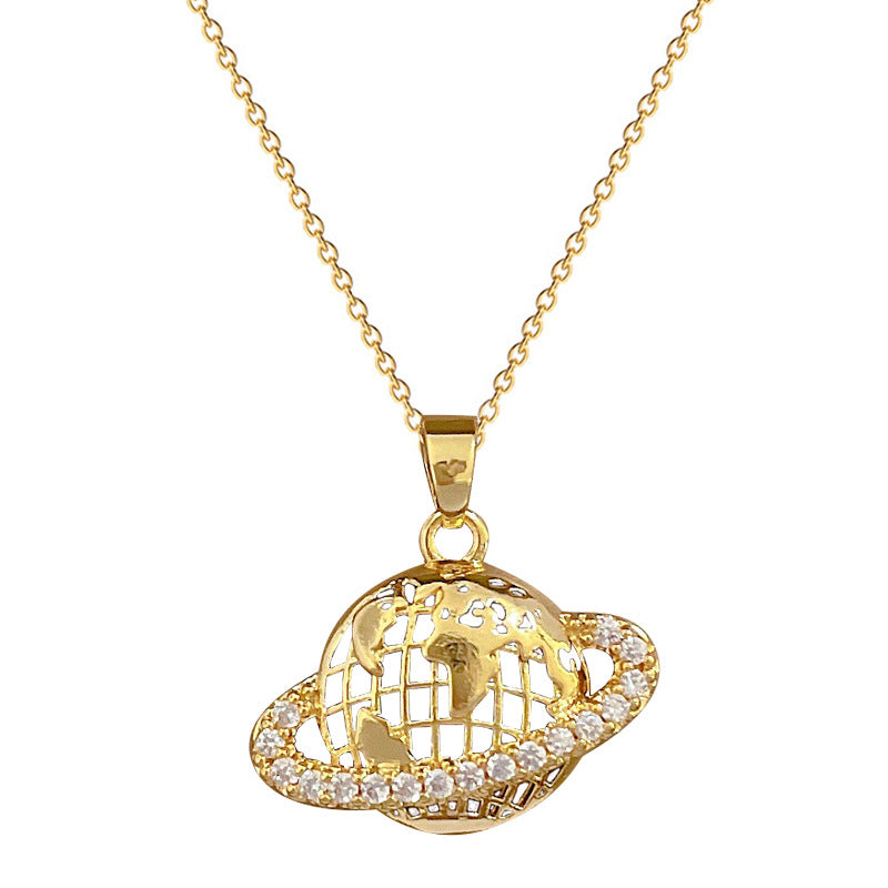 Collana da donna con ciondolo di lusso in acciaio al titanio con motivo a terra e galassia, intarsio completo di strass, design geometrico, catena regolabile in acciaio al titanio