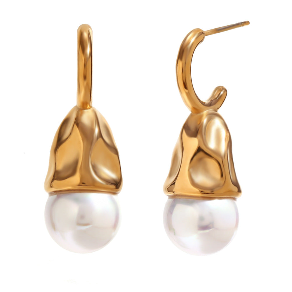 Orecchini da donna in acciaio inossidabile placcato oro 18K, stile geometrico vintage, con texture martellata e perle a goccia