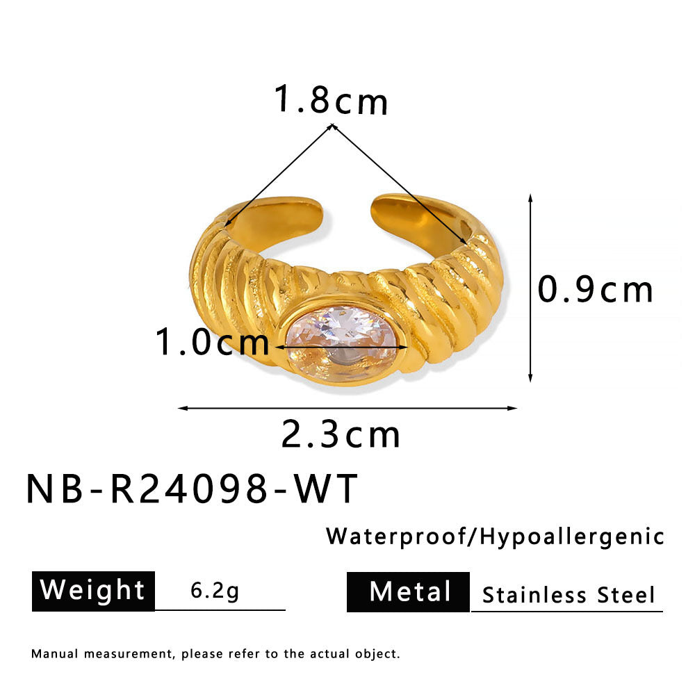 Vintage-Style Geometric Stainless Steel Ring with 18K Gold Plating and Multicolor Zircon Inlay for Women