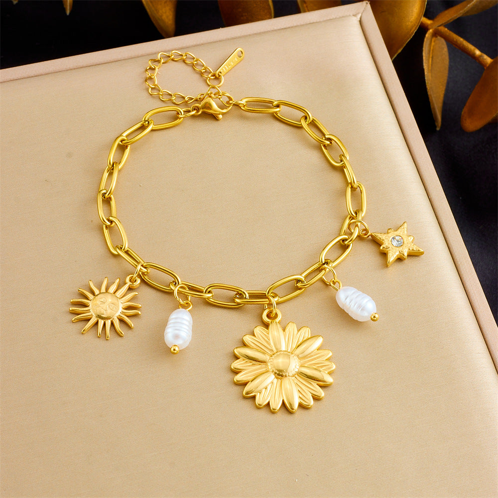 Vintage Floral Pearl Heart and Sunflower Pendant Bracelet in Gold-Plated Stainless Steel for Women