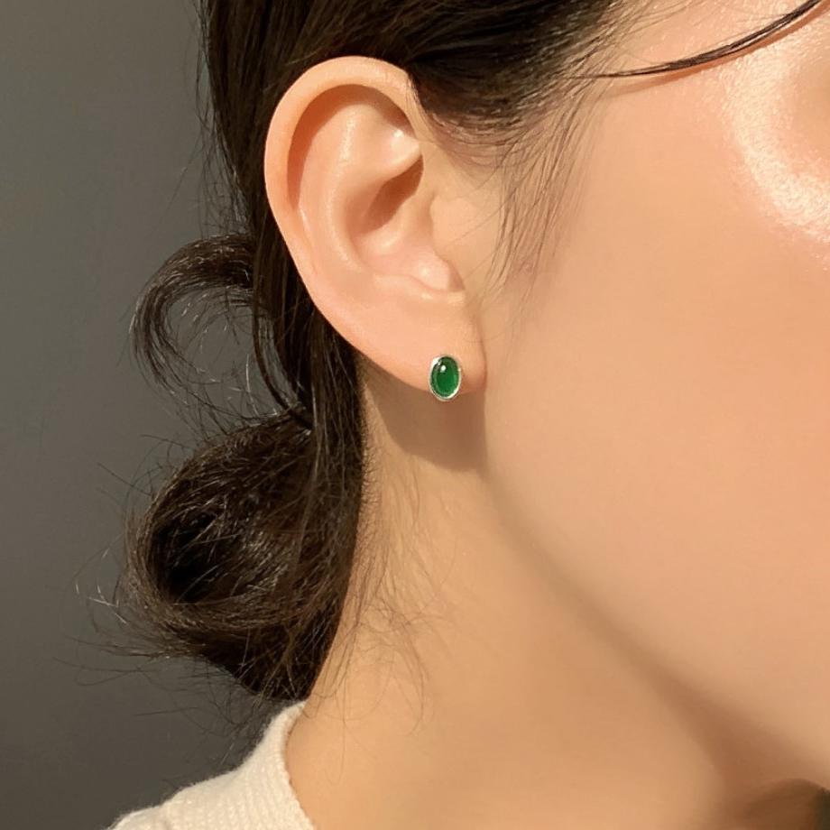Orecchini a perno geometrici minimalisti ovali in agata verde in argento sterling 925 placcato oro