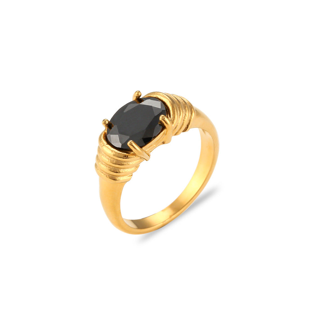 Anello ovale minimalista alla moda con zirconi in acciaio inossidabile con finitura placcata da donna
