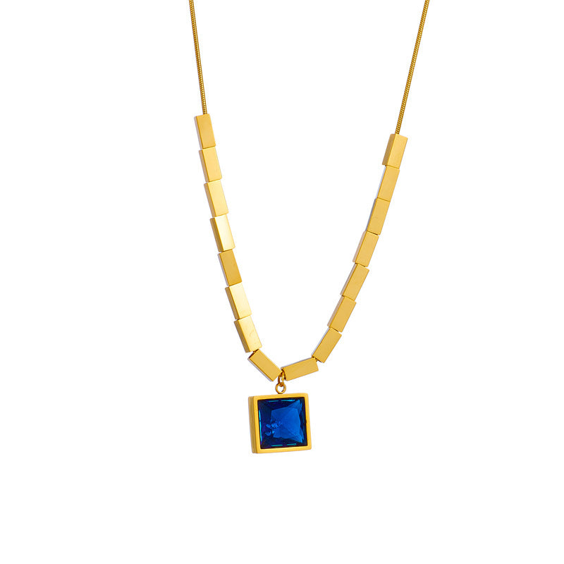 Vintage Minimalist Square Titanium Steel Necklace with Blue Rhinestone Inlay and Plated Finish