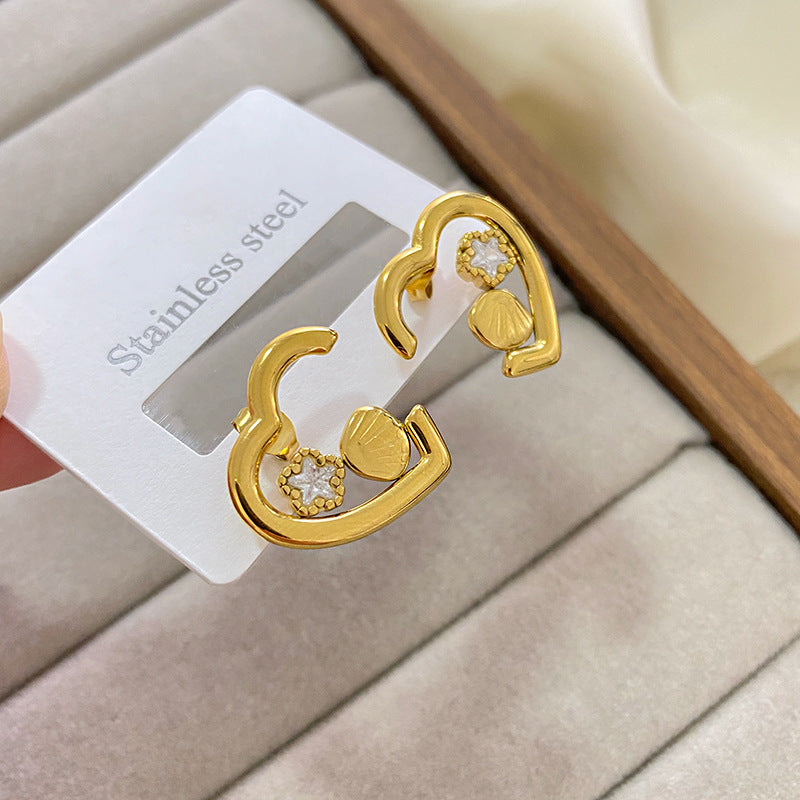 Minimalist Sweet Gold Plated Brass Hollow Heart Shell Stud Earrings