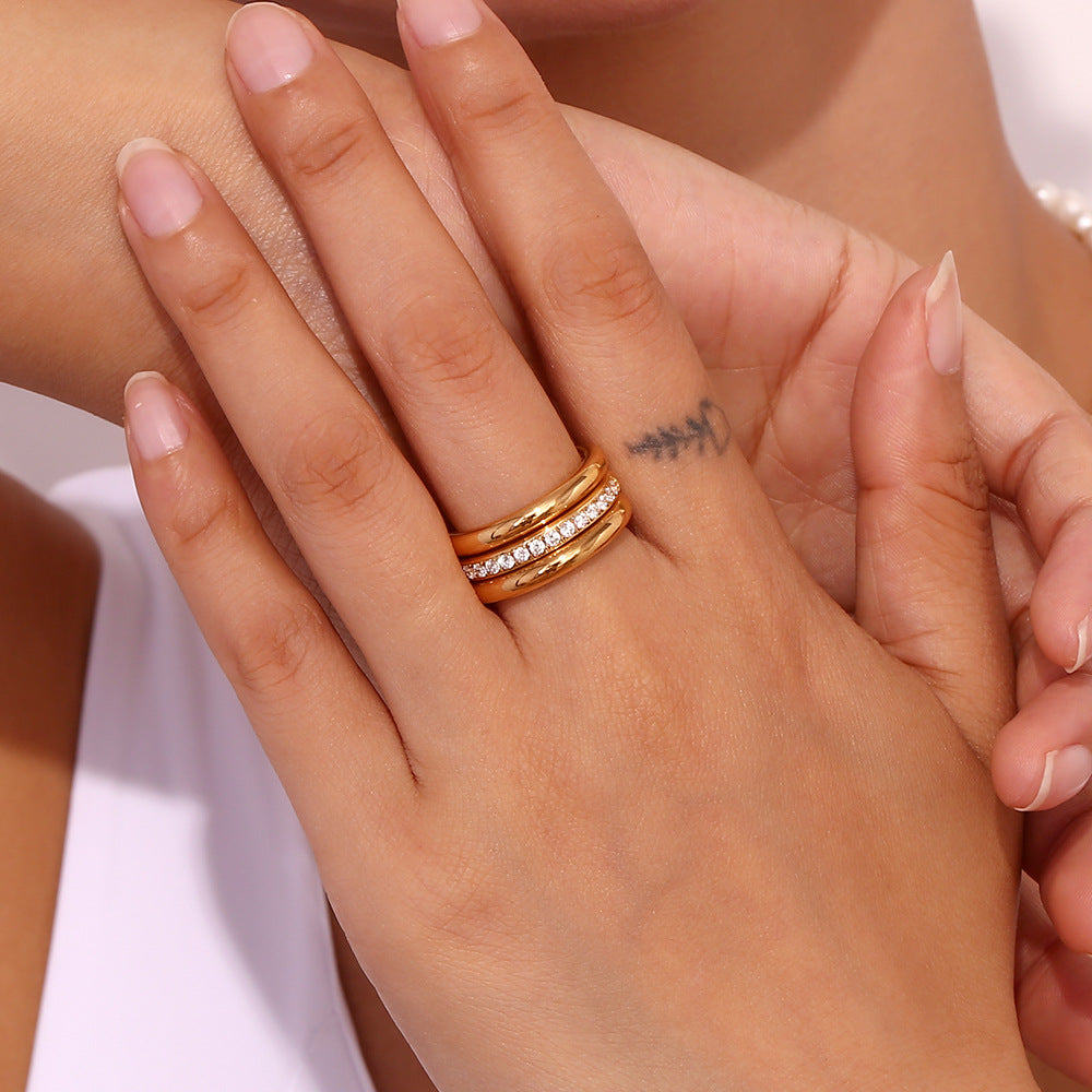 Fashionable Minimalist Geometric Stainless Steel Plated 18K Gold Zircon Ring Set for Women