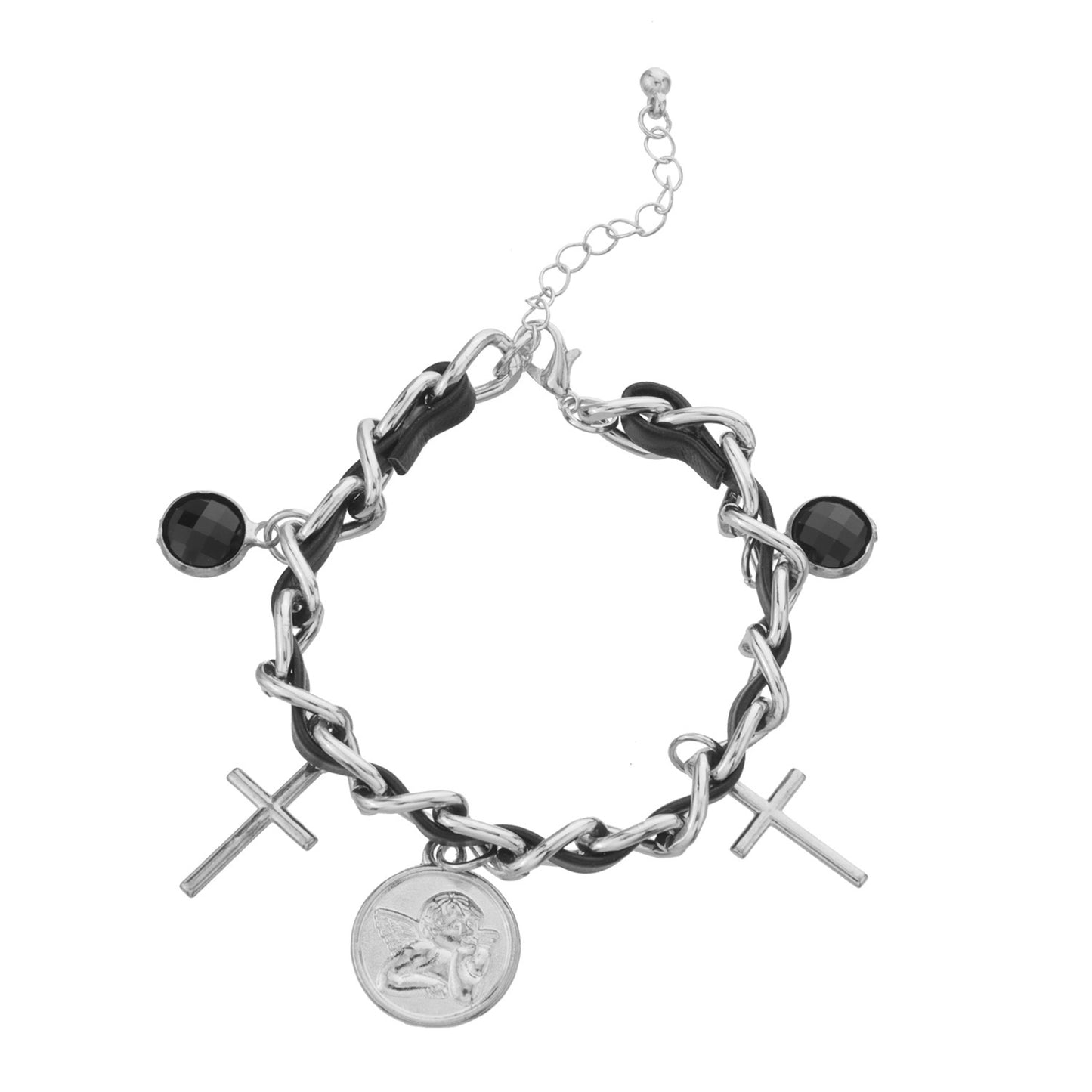 Minimalist Cross Pendant Leather Bracelet for Women with Alloy Chain and Electroplated Finish