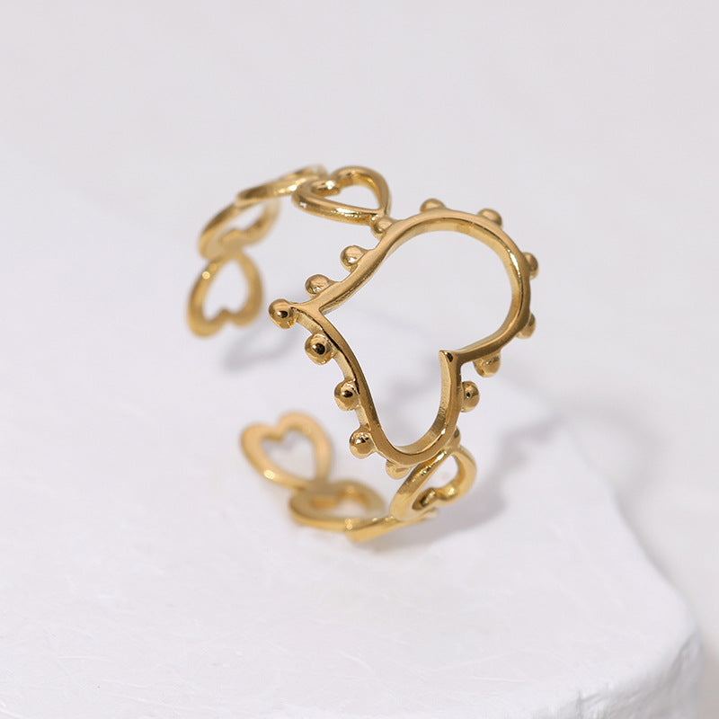 Minimalist Heart-Shaped Stainless Steel Ring with Hollow-Out Design and 18K Gold Plating for Women