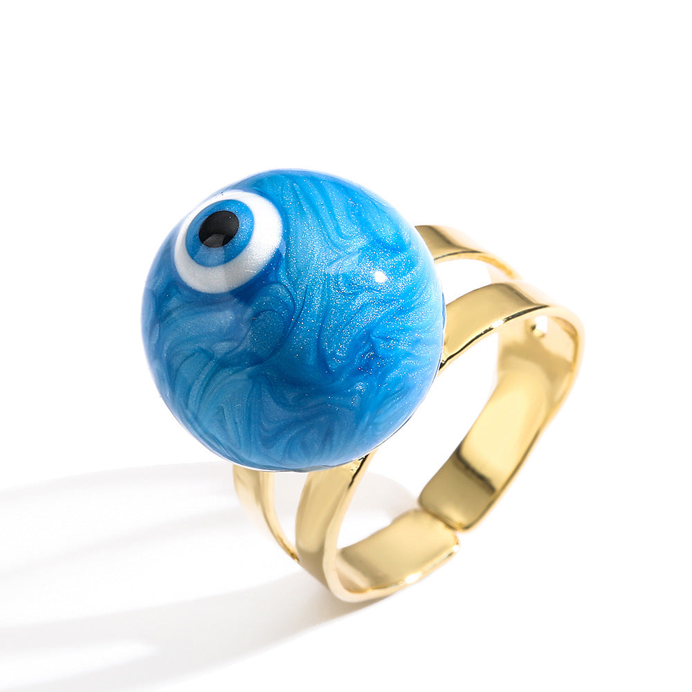 Fashionable Adjustable Evil Eye Ring for Women in Copper with Enamel Finish Geometric Design