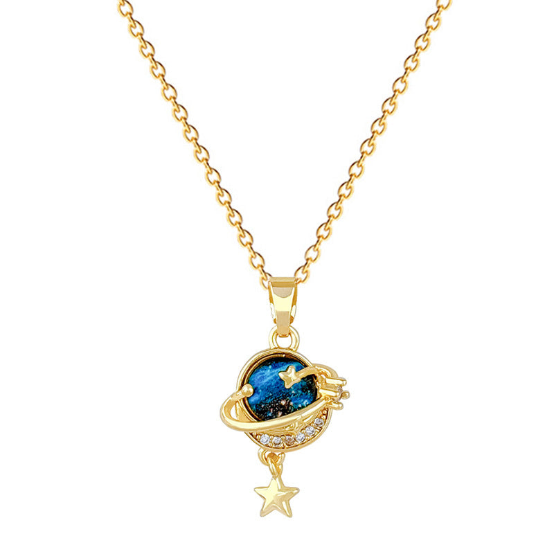 Geometric Moon Galaxy Starry Sky Stainless Steel Necklace for Women with Full Rhinestone Accents and Delicate Clavicle Chain