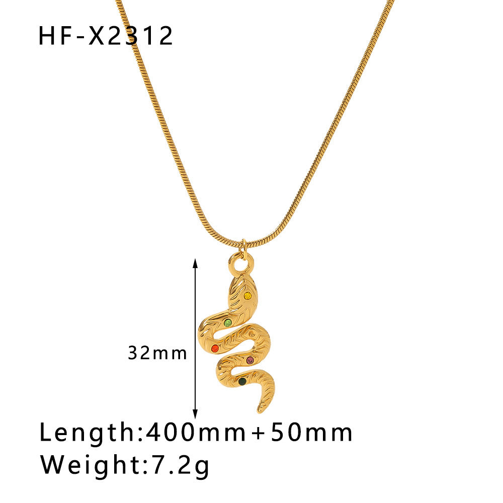 Minimalist Stainless Steel Snake-Eye Bamboo-Shaped Pendant Necklace for Women with 18K Gold Plating and Zircon Inlay