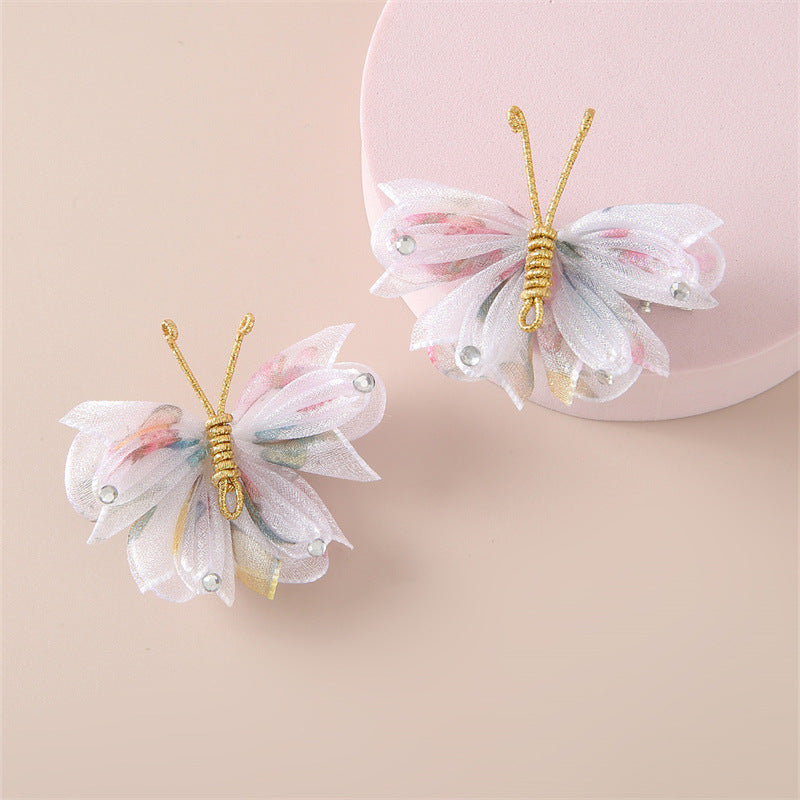 Cartoon Butterfly Hair Clip for Kids Handwoven Mesh Fabric Hairpin with Rainbow Accents