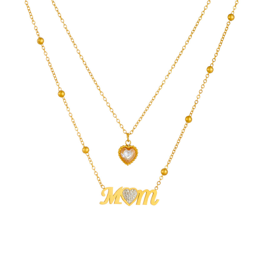 Minimalist Elegant Heart Letter MOM Rhinestone Inlay Stainless Steel Necklace Cable Chain Layered