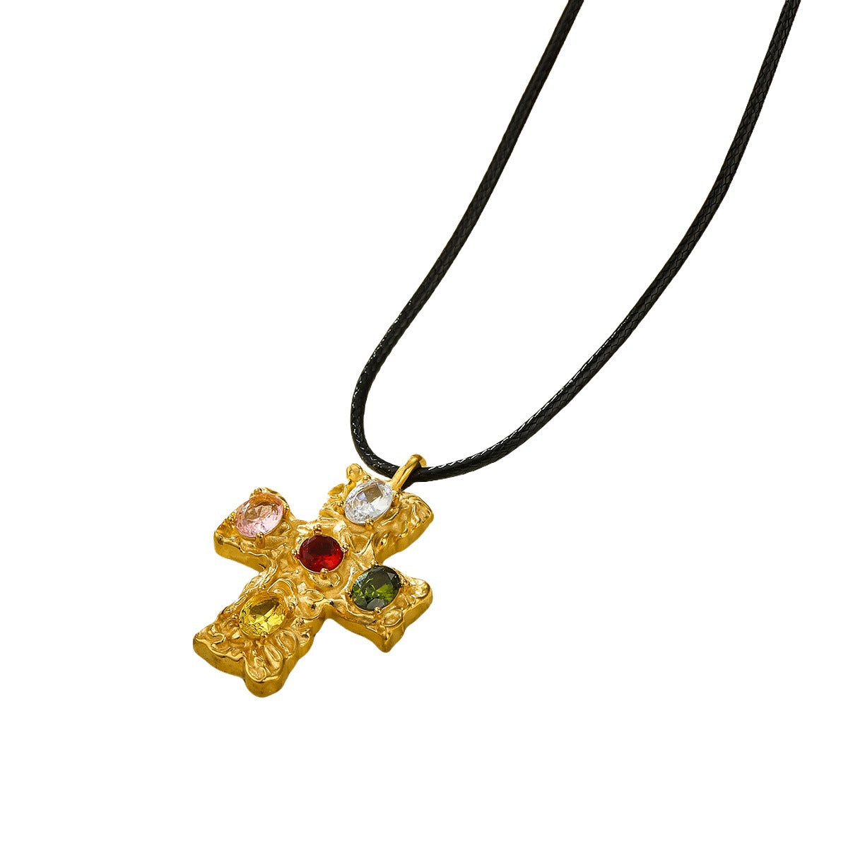 Fashionable Cross Pendant Necklace in Titanium Steel with 18K Gold Plating and Colorful Zircon Inlay for Women