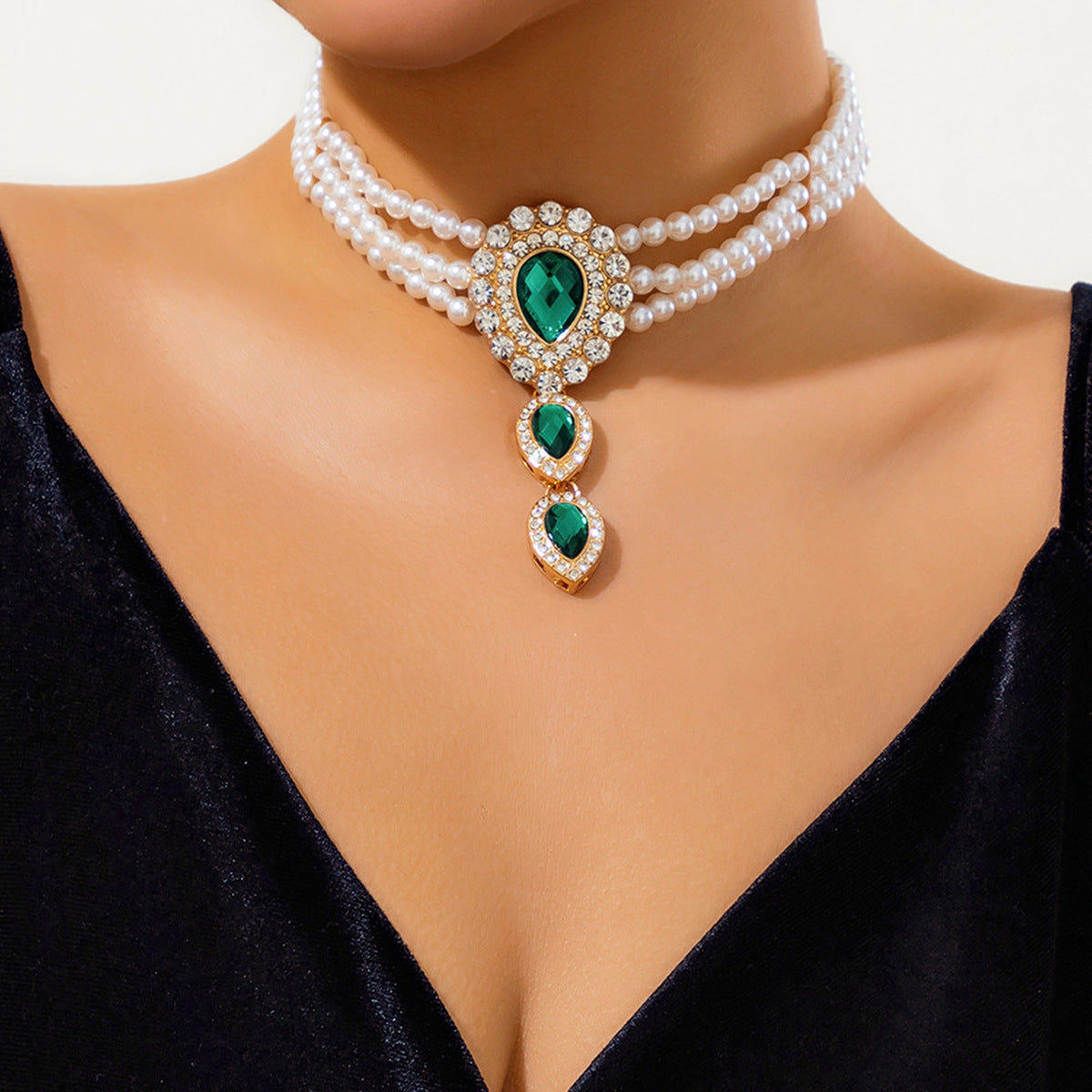 Collar Gargantilla de Aleación con Forma de Lágrima, Estilo Vintage Francés, con Detalles de Diamantes de Imitación y Diseño de Cadena de Cuentas para Mujer