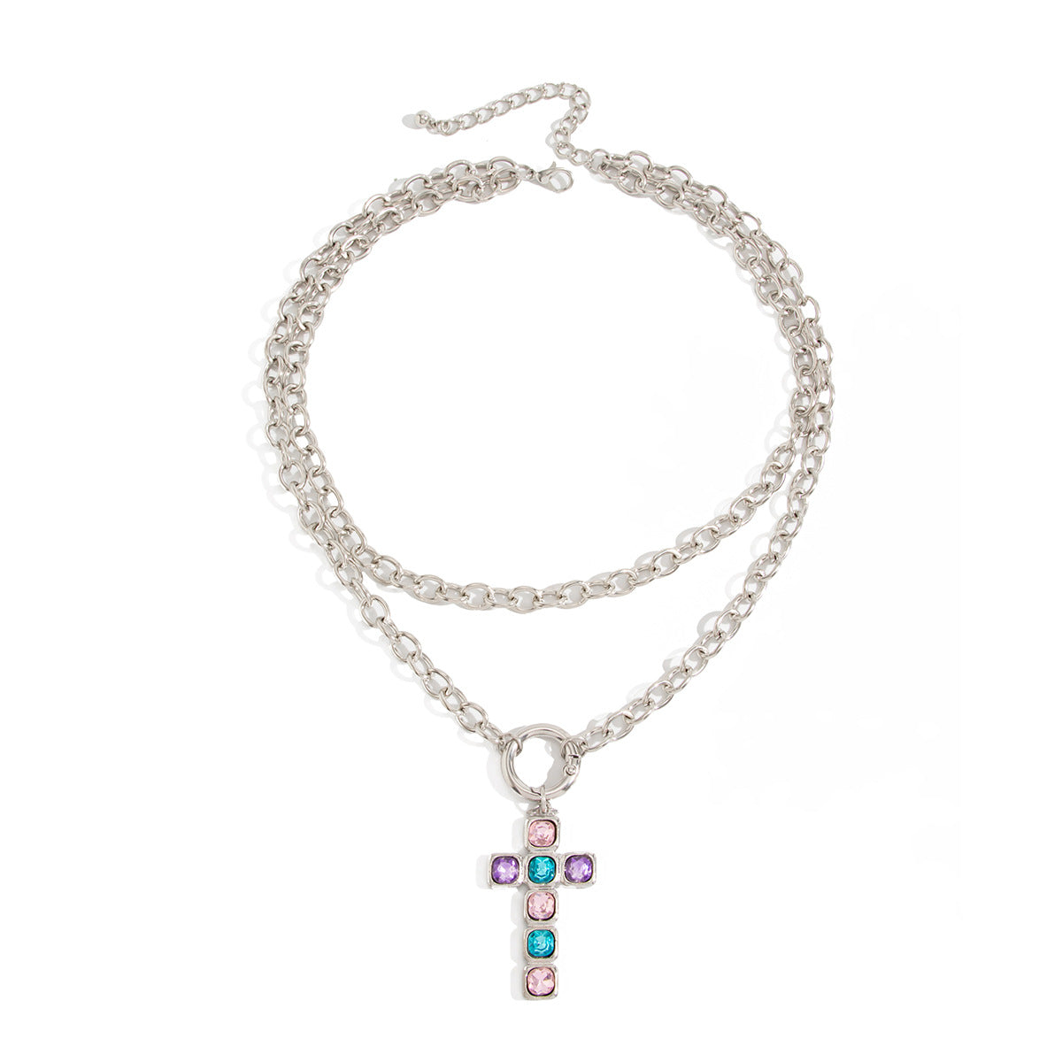 Punk Hip-hop Rhinestone Inlaid Cross Pendant Double Layer Chain Necklace Zinc Alloy Iron Plated