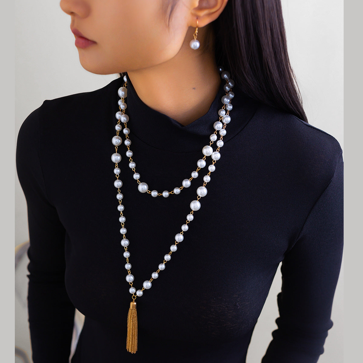 Layered Long Sweater Necklace for Women with Imitation Pearl Beads Geometric Pendant Tassel Detail Handmade Knotting Design