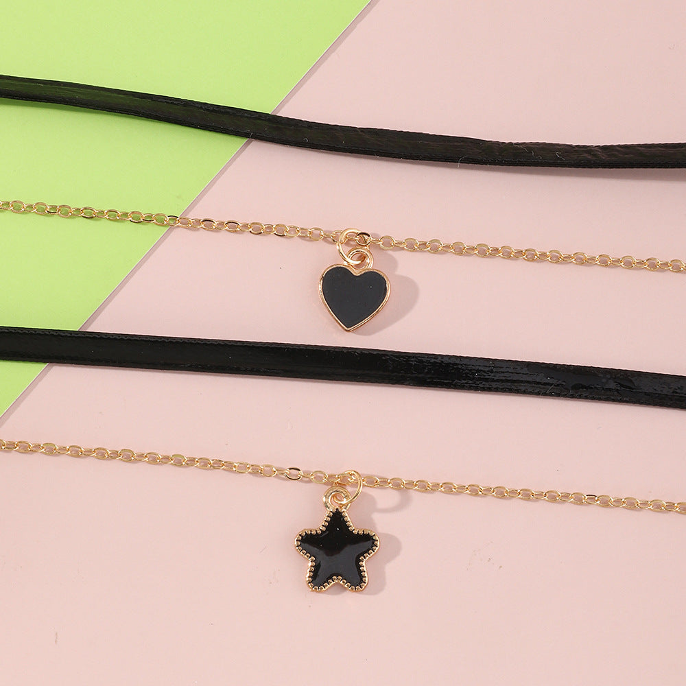 Collana con ciondolo a doppio strato cuore e stella in stile Rock Hip Hop per ragazze, in lega con finitura smaltata